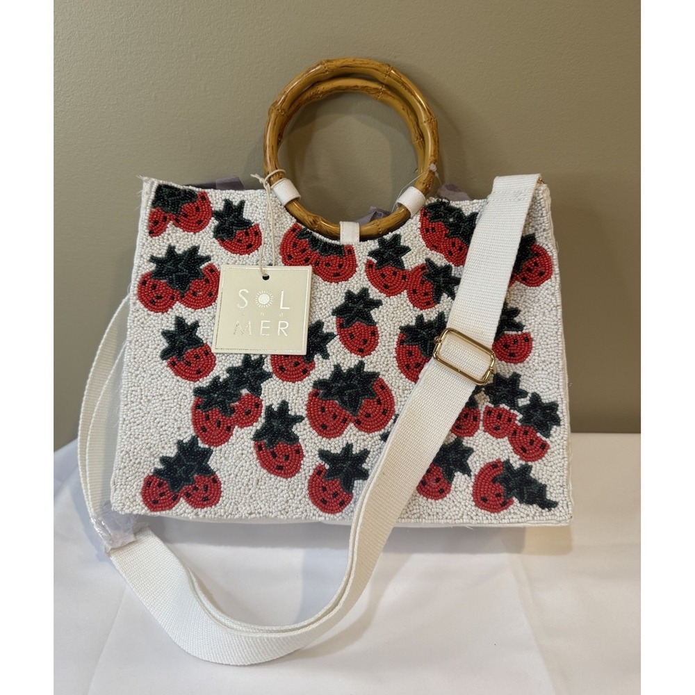 Sol And Mer  Beaded Strawberry Bag with Bamboo Handles‎ and Crossbody Strap NWT